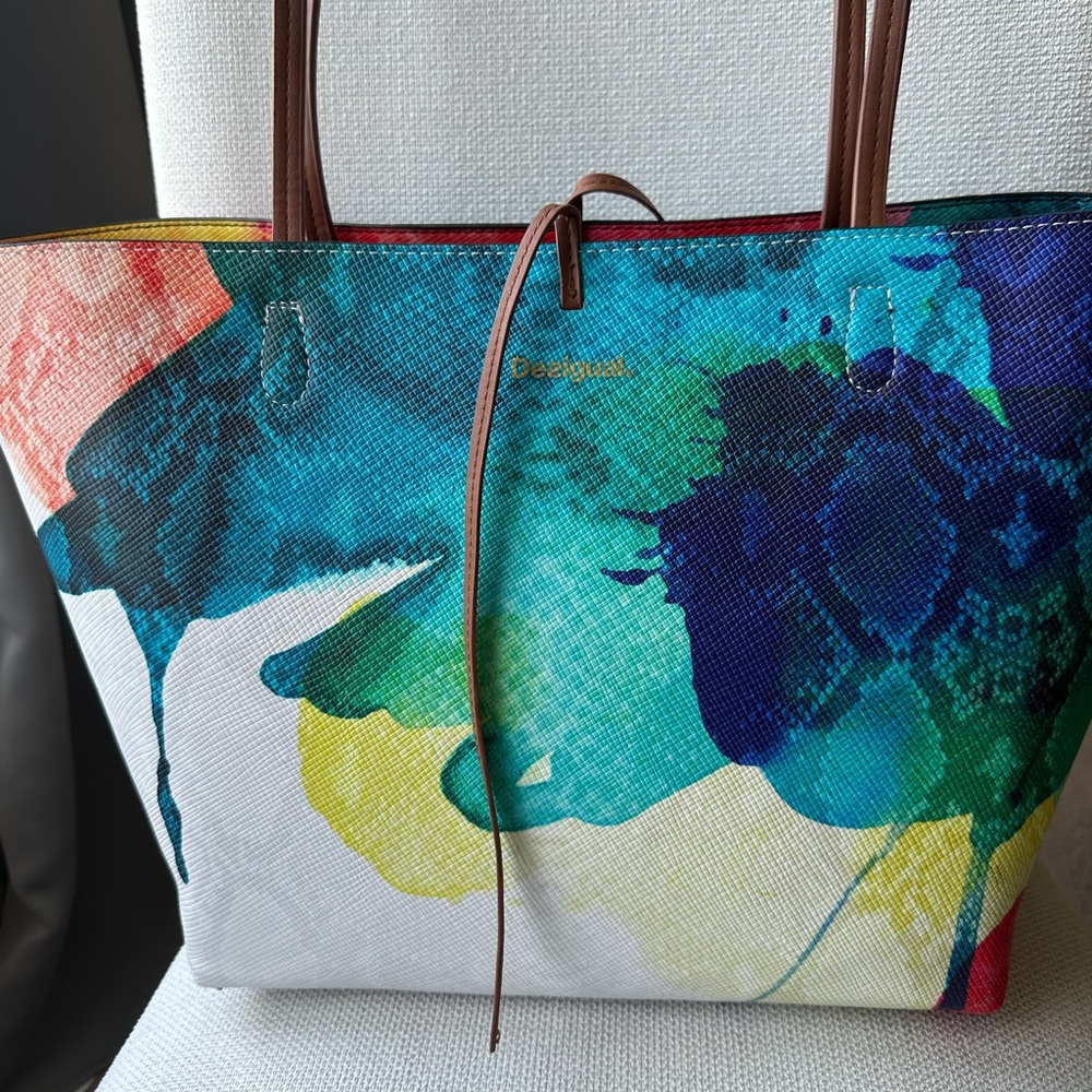 Desigual Blue and Green Shoulder Bag with Artistic Watercolor Design